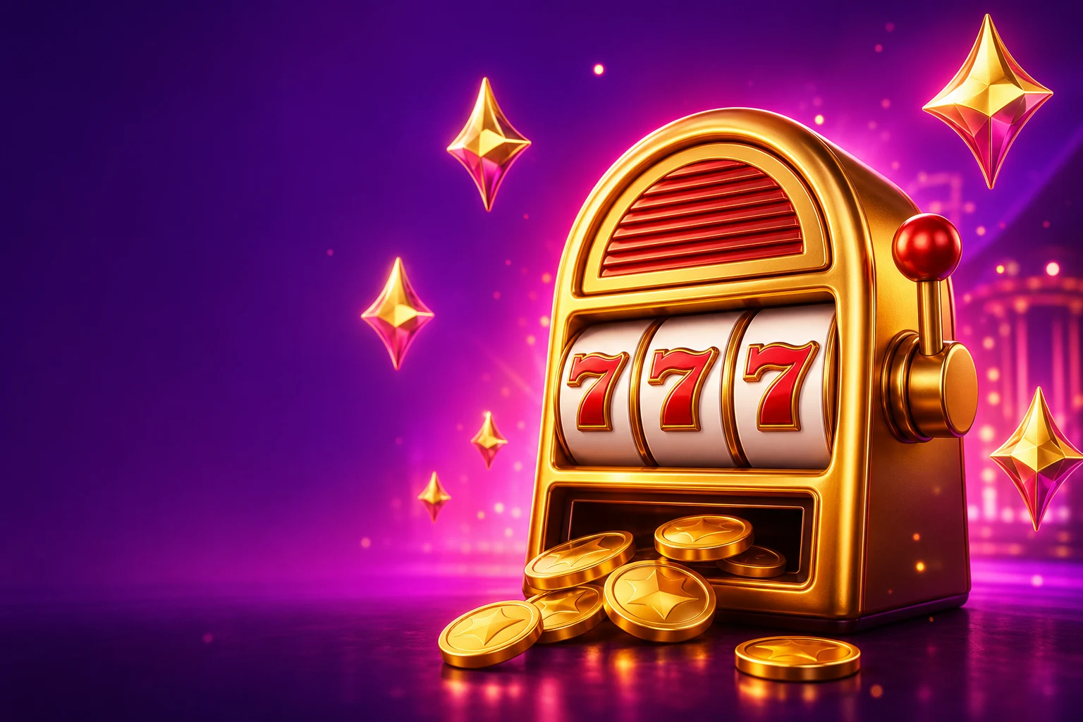 Goldener 777-Spielautomat vor violettem Greatwin-Hintergrund